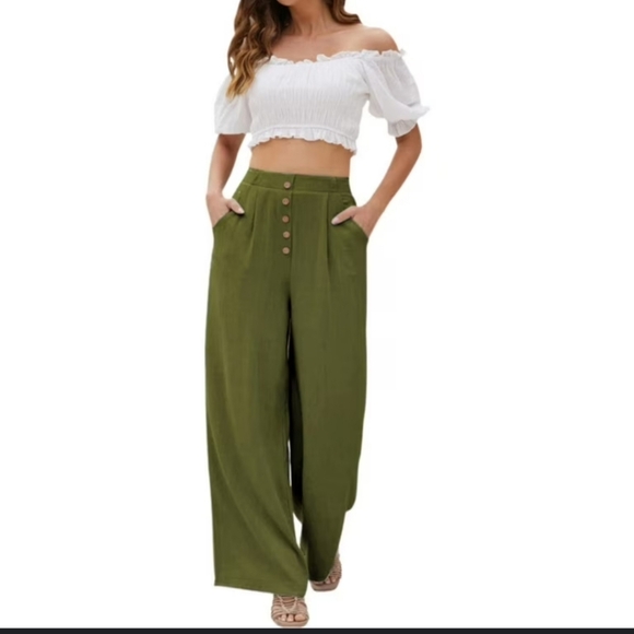 Mlle Gabrielle Linen Army Green Button front High Waisted Pants w Pockets Medium - Picture 1 of 13